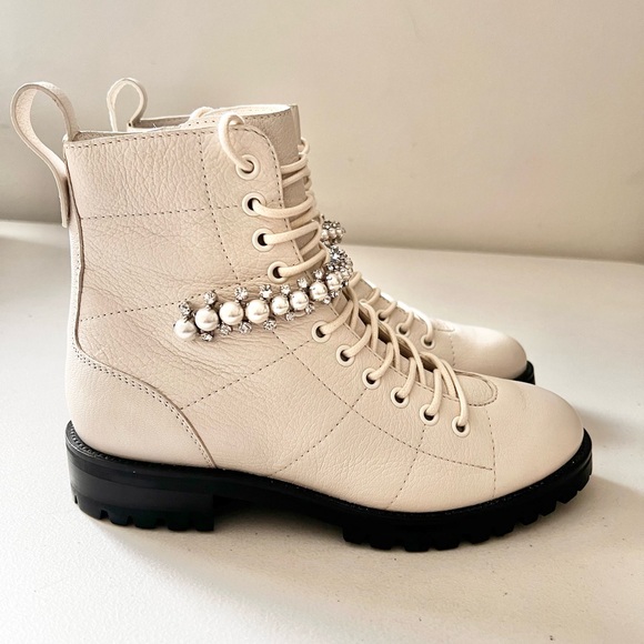 Worn Once Jimmy Choo Calf Skin Crystal Embellished Cruz Combat Boots White Sz 37 - Picture 5 of 12